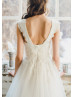 Cap Sleeve Ivory Lace Tulle Wedding Dress With Beaded Ribbon Cap Sleeve Ivory Lace Tulle Wedding Dress With Beaded Ribbon